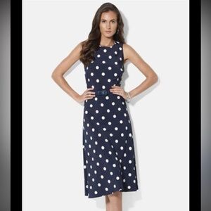 New Lauren by Ralph Lauren Navy blue polka midi dress women’s size 8